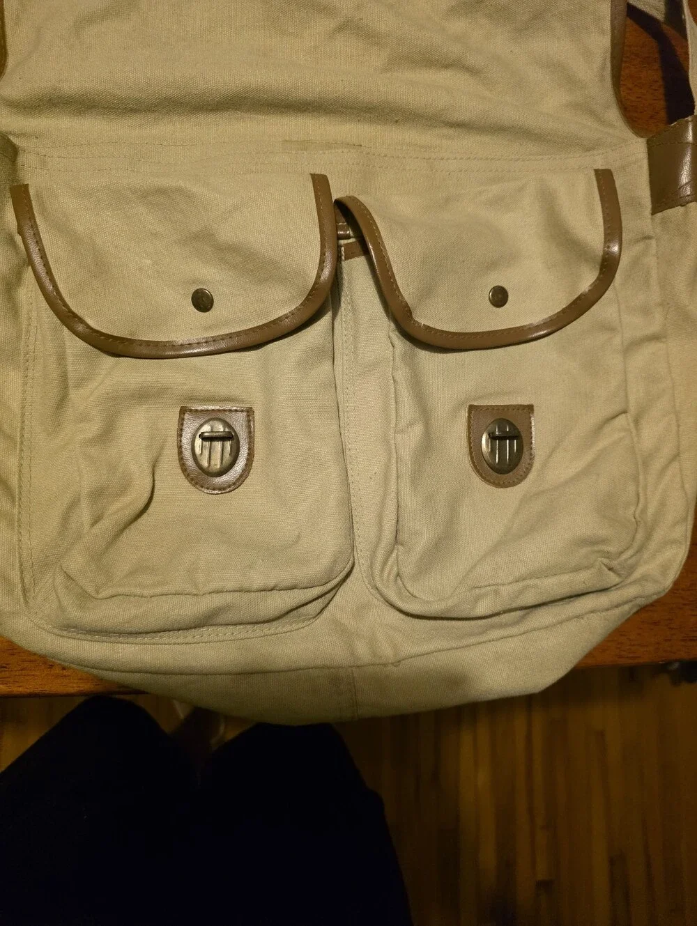 Times Magazine Canvas Messenger Bag with Brown Trim, Leather And Canvas